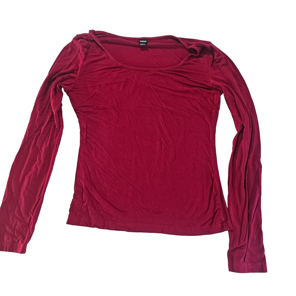 SHEIN Petite Womens Burgundy Long Sleeve Scoop Neck Top Small Fitted Stretch
